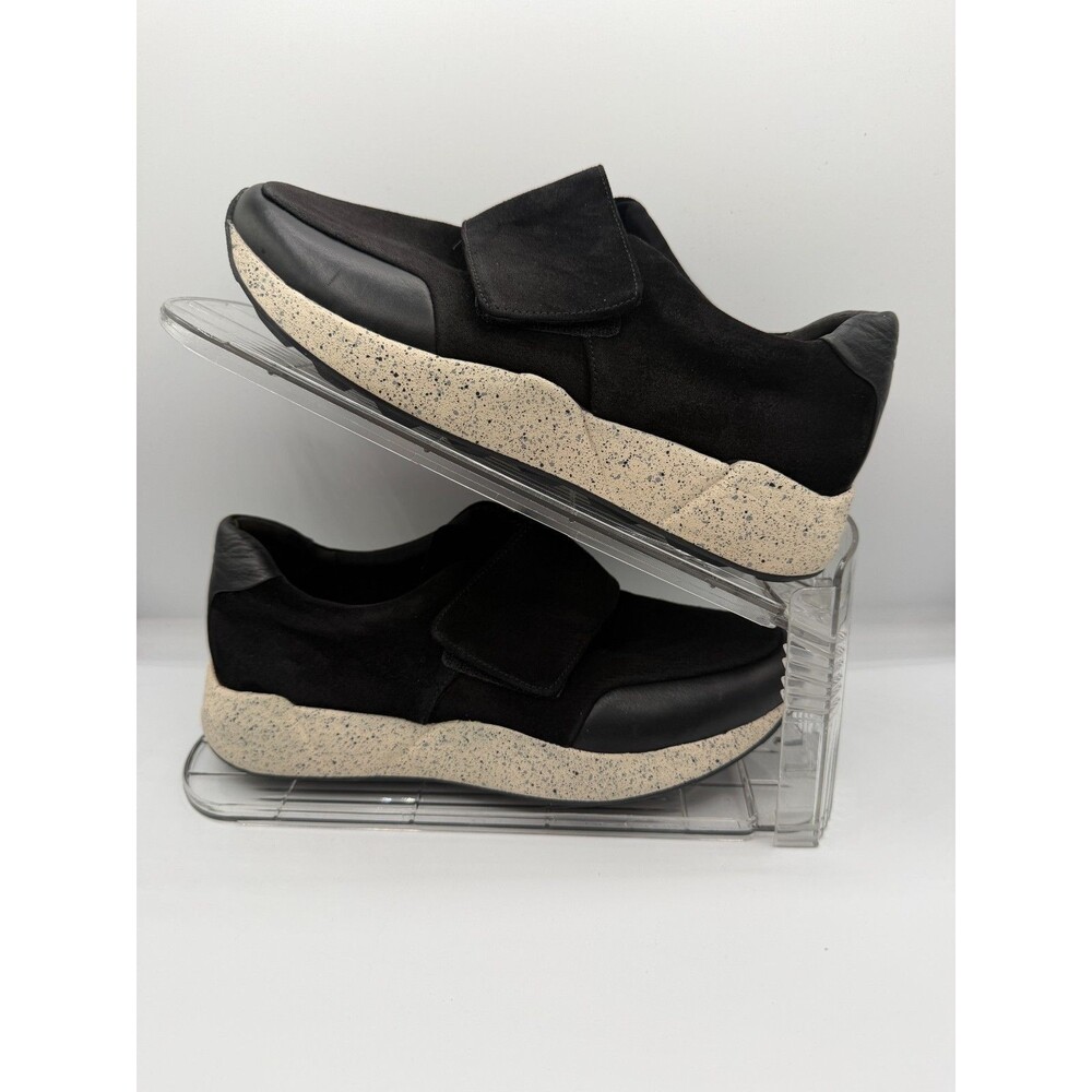 Vince Black Suede Leather Hook & Loop Strap Slip On Sneakers Speckled Sole Shoes